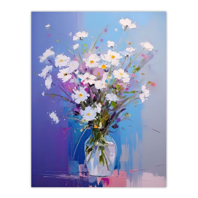 "Artery8 Wall Art Print White Daisy Bouquet in Vase Painting Pastel Purple Blue Poster - Size: W18"" x H24""" - image 1