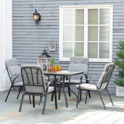 OUTSUNNY Garden Dining Set, Glass Table w/ Umbrella Hole in Black - thumbnail 1