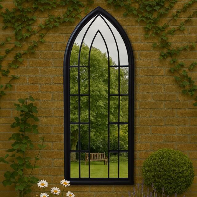 Agenzia 14 Large Antique Black Arched Metal Frame Window Garden Wall Mirror 153 x 60cm - Size: 153 x 60 cm - image 1