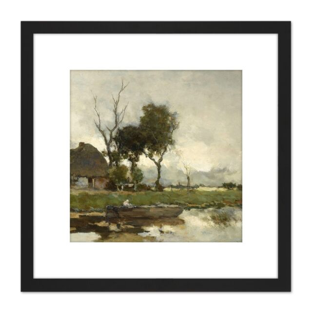 Artery8 Weissenbruch Autumn Landscape Cottage Painting 8X8 Inch Square Wooden Framed Wall Art Print Picture with Mount in Black - image 1