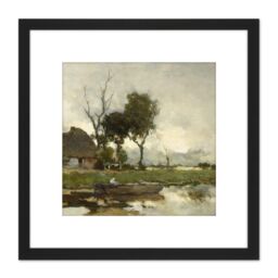 Artery8 Weissenbruch Autumn Landscape Cottage Painting 8X8 Inch Square Wooden Framed Wall Art Print Picture with Mount in Black - thumbnail 1