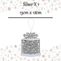 VFM e-Store Christmas Gift Box Hanging Decoration 13cm x 12cm Silver X 1 - Size: 13 cm x 12 cm - thumbnail 2
