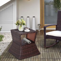OUTSUNNY Rattan Side Table Outdoor Tea Coffee with Umbrella Hole for Bistro Patio Garden in Brown - thumbnail 1