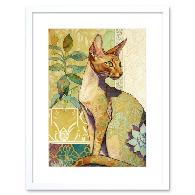 "Artery8 Wall Art Print Oriental Shorthair Cat with Art Nouveau Botanical Patterns Colourful Watercolour Artwork Framed 9X7 Inch - Size: W7"" x H9""" - image 1
