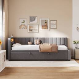 Matteo Grey 3ft Single Velvet Daybed with LED Lights, Charging & Trundle - thumbnail 5