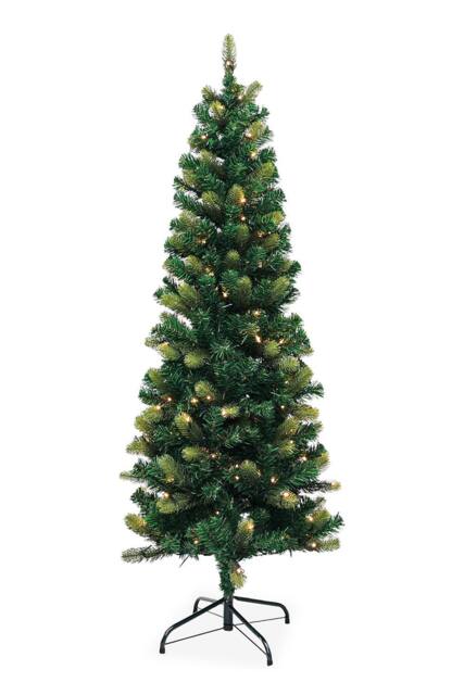 Neel Blue Pre-Lit Christmas Tree, Artificial Slim Xmas Tree with Warm LEDs in Green - Size: 6ft - image 1