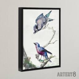 "Artery8 Blue Jay & a Purple Breasted Cotinga Schouman Framed Canvas Wall Art in White - Size: W12"" x H16""" - thumbnail 2