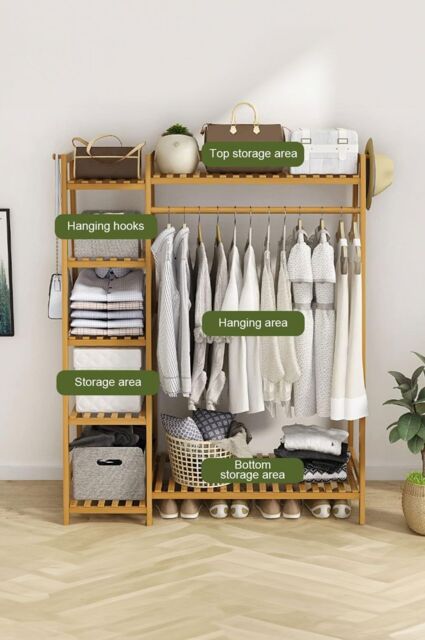 Bamboo Garment Rack, Clothes Rack with Storage Shelf, Hanging