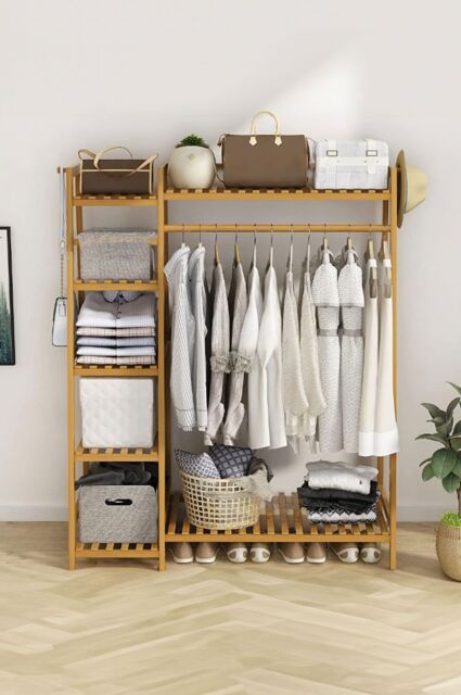 Neo Bamboo Garment Rack, Clothes Rack with Storage Shelf, Hanging Rail & Side Hooks for Entryway, Bedroom, Bathroom & Office, Natural in Light Brown - image 1