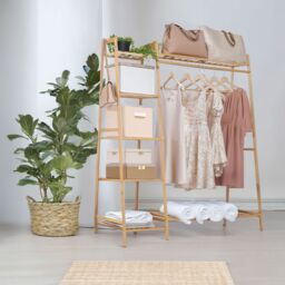 Neo Bamboo Garment Rack, Clothes Rack with Storage Shelf, Hanging Rail & Side Hooks for Entryway, Bedroom, Bathroom & Office, Natural in Light Brown - thumbnail 6