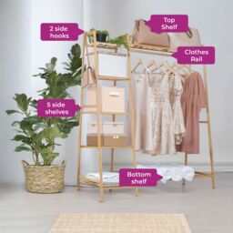 Neo Bamboo Garment Rack, Clothes Rack with Storage Shelf, Hanging Rail & Side Hooks for Entryway, Bedroom, Bathroom & Office, Natural in Light Brown - thumbnail 3