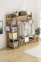 Neo Bamboo Garment Rack, Clothes Rack with Storage Shelf, Hanging Rail & Side Hooks for Entryway, Bedroom, Bathroom & Office, Natural in Light Brown - thumbnail 2