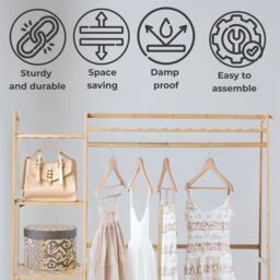 Neo Bamboo Garment Rack, Clothes Rack with Storage Shelf, Hanging Rail & Side Hooks for Entryway, Bedroom, Bathroom & Office, Natural in Light Brown - thumbnail 4