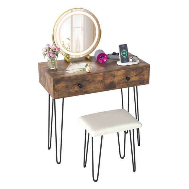Costway Vanity Desk & Stool Set Makeup Dressing Table w/ Mirror & Lights in Brown - image 1