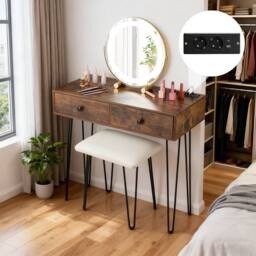Costway Vanity Desk & Stool Set Makeup Dressing Table w/ Mirror & Lights in Brown - thumbnail 8