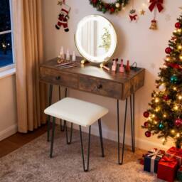 Costway Vanity Desk & Stool Set Makeup Dressing Table w/ Mirror & Lights in Brown - thumbnail 9