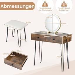 Costway Vanity Desk & Stool Set Makeup Dressing Table w/ Mirror & Lights in Brown - thumbnail 2