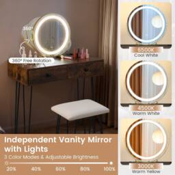 Costway Vanity Desk & Stool Set Makeup Dressing Table w/ Mirror & Lights in Brown - thumbnail 4