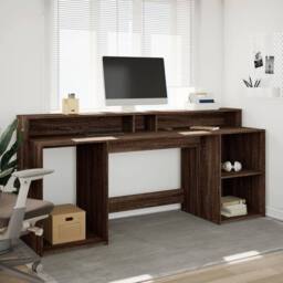 Berkfield Home Soft Desk with LED Lights Brown Oak 200x55x91 cm Engineered Wood - Size: 200 x 55 x 91 cm - thumbnail 4