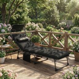 OUTSUNNY Folding Sun Lounger, Sunbed with Canopy in Black