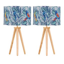 First Choice Lighting Set of 2 Light Oak Table Lamp Bedside Lights with Parrot Velvet Shades in Brown - thumbnail 1