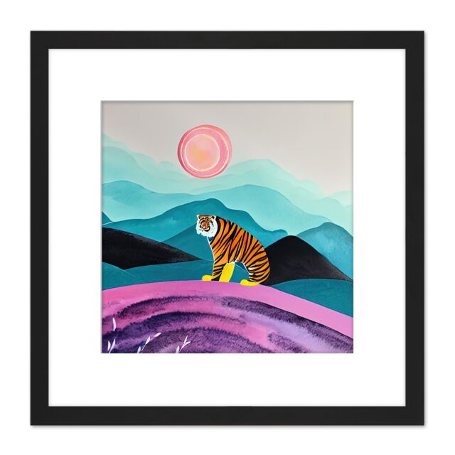 Artery8 Surreal Bengal Tiger Hunts Under A Pink Moon Square Wooden Framed Wall Art Print Picture 8X8 Inch in Black - image 1