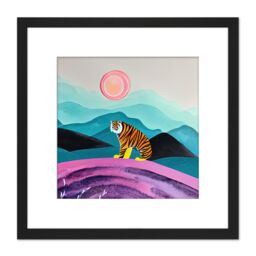 Artery8 Surreal Bengal Tiger Hunts Under A Pink Moon Square Wooden Framed Wall Art Print Picture 8X8 Inch in Black - thumbnail 1