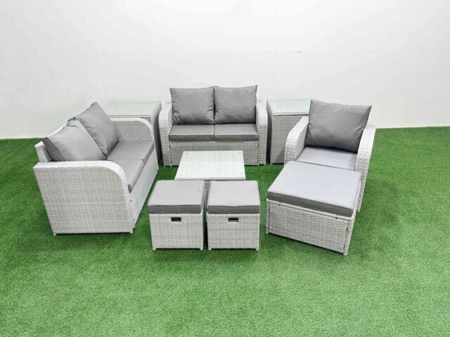 Fimous High Back Poly Rattan Garden Furniture Set w/ Reclining Chair Loveseat Sofa Square Coffee Table Indoor Outdoor Patio Set 3 Stools 2 Side Table - image 1