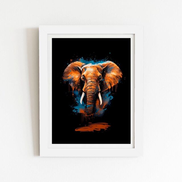 "Warren Reed - Designer Splashart Elephant Blue Framed Art Print in White - Size: W16"" x H24""" - image 1