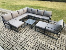Fimous Aluminium Outdoor Garden Furniture Set Lounge Corner Sofa Chair Square Coffee Table Sets with 2 Big Footstools Dark Grey - thumbnail 1