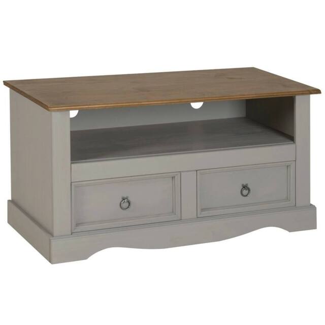 NESTLUNE Grey Wax Solid Pine TV Stand with 2 Drawers - Size: 100 cm x 100 cm - image 1