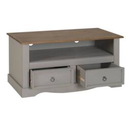NESTLUNE Grey Wax Solid Pine TV Stand with 2 Drawers - Size: 100 cm x 100 cm - thumbnail 3