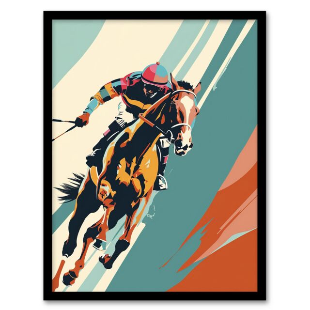 "Artery8 Jockey on Racehorse Animal Race Colourful Pop Art Framed Art Print in Blue - Size: W12"" x H16""" - image 1