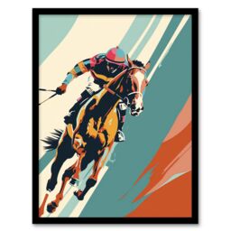 "Artery8 Jockey on Racehorse Animal Race Colourful Pop Art Framed Art Print in Blue - Size: W12"" x H16""" - thumbnail 1