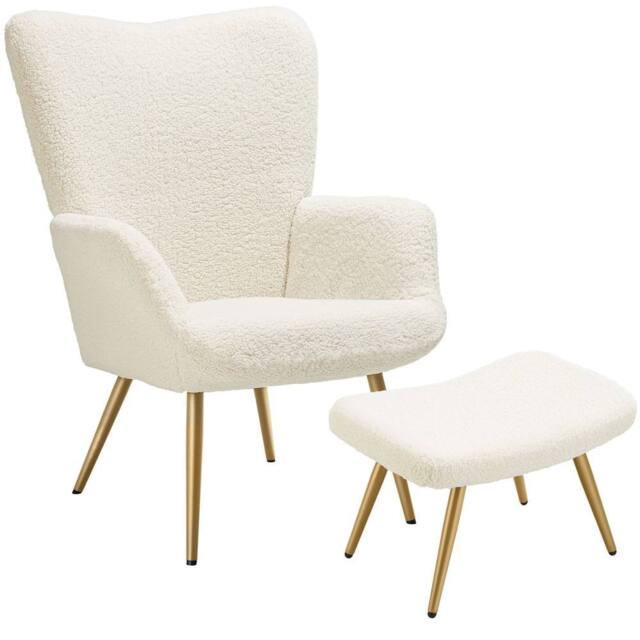 tectake Armchair Hygge With Stool - Bouclé Cream/Gold in Cream - image 1
