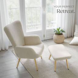 tectake Armchair Hygge With Stool - Bouclé Cream/Gold in Cream - thumbnail 9