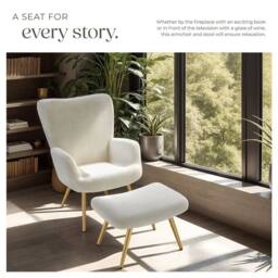 tectake Armchair Hygge With Stool - Bouclé Cream/Gold in Cream - thumbnail 3