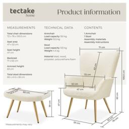 tectake Armchair Hygge With Stool - Bouclé Cream/Gold in Cream - thumbnail 6