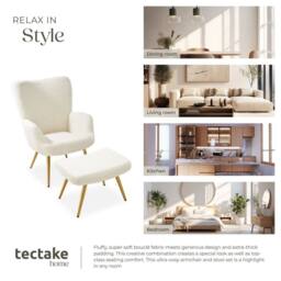 tectake Armchair Hygge With Stool - Bouclé Cream/Gold in Cream - thumbnail 8