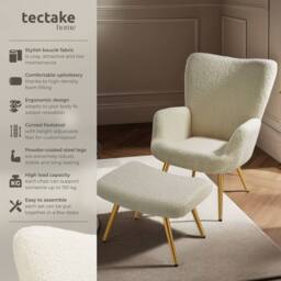 tectake Armchair Hygge With Stool - Bouclé Cream/Gold in Cream - thumbnail 2