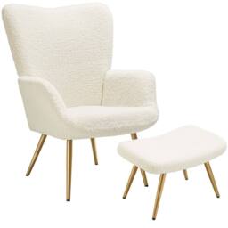 tectake Armchair Hygge With Stool - Bouclé Cream/Gold in Cream