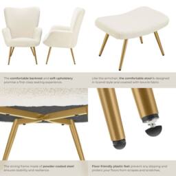 tectake Armchair Hygge With Stool - Bouclé Cream/Gold in Cream - thumbnail 5