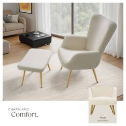 tectake Armchair Hygge With Stool - Bouclé Cream/Gold in Cream - thumbnail 4