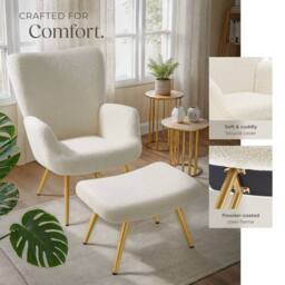 tectake Armchair Hygge With Stool - Bouclé Cream/Gold in Cream - thumbnail 7