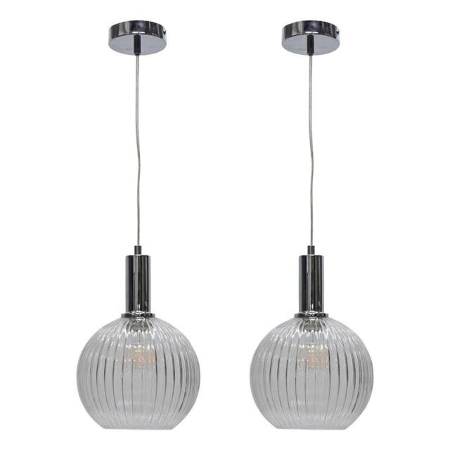 First Choice Lighting Set of 2 Betchley - Clear Ribbed Glass Globe Chrome Deco Pendants - image 1