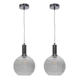 First Choice Lighting Set of 2 Betchley - Clear Ribbed Glass Globe Chrome Deco Pendants - thumbnail 1