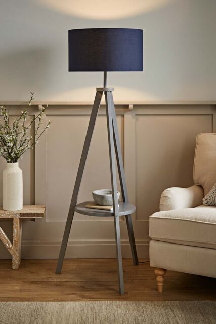 ValueLights Morrigan Grey Wood Tripod Floor Lamp with Fabric Drum Lamp Shade in Dark Navy - image 1