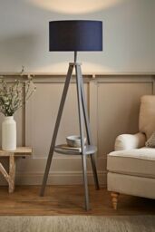 ValueLights Morrigan Grey Wood Tripod Floor Lamp with Fabric Drum Lamp Shade in Dark Navy