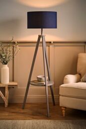 ValueLights Morrigan Grey Wood Tripod Floor Lamp with Fabric Drum Lamp Shade in Dark Navy - thumbnail 2