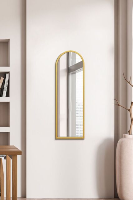 "MirrorOutlet Gold Metal Framed Arched Wall Mirror 47"" X 16"" (120CM X 40CM) - Size: 1 Pack" - image 1